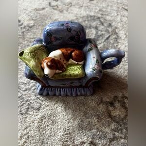 Vintage Mini Tea Pot / Sleeping Dog on Blue Armchair